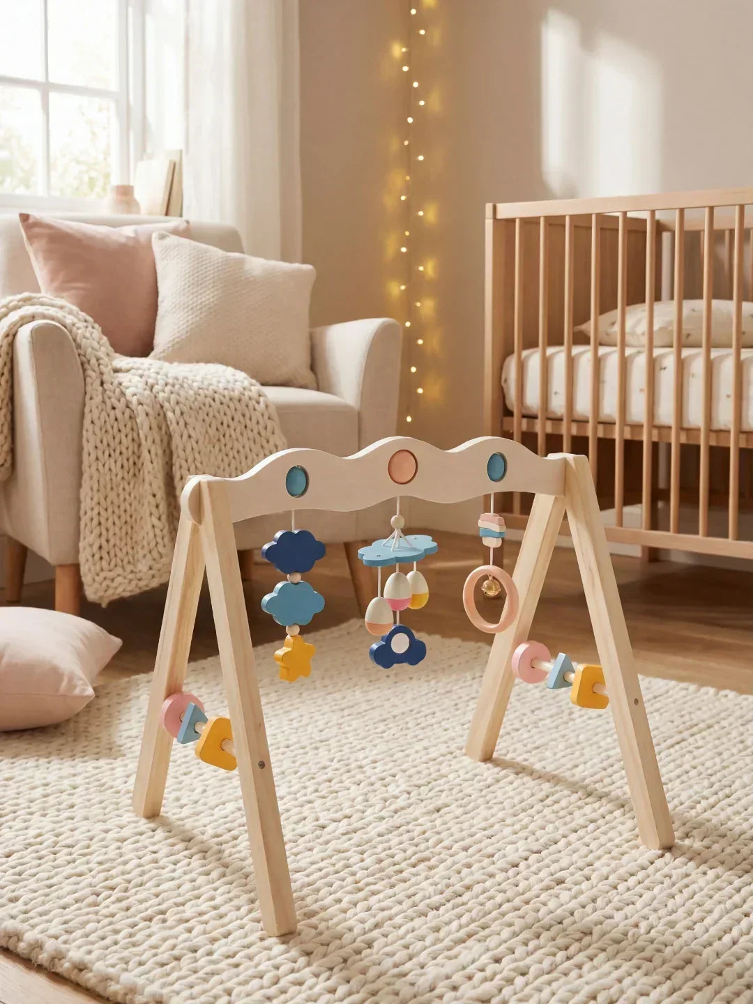 Arco de actividades de madera natural – Gimnasio sensorial para bebés y niños pequeños