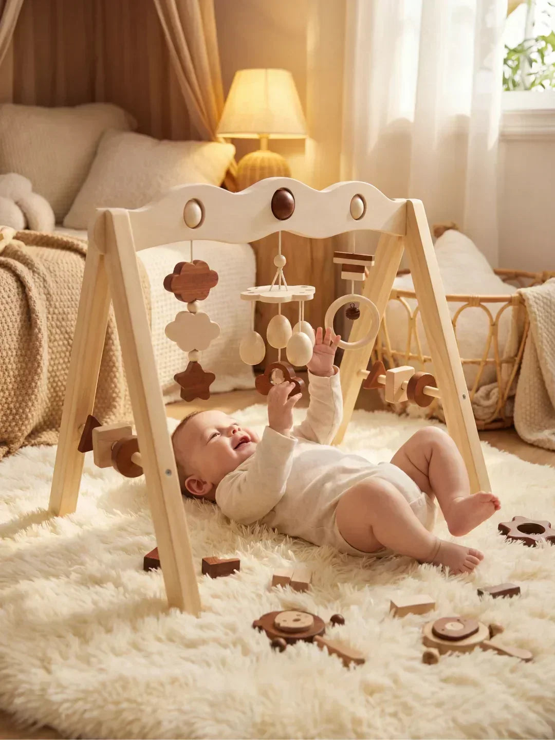 Arco de actividades de madera natural – Gimnasio sensorial para bebés y niños pequeños