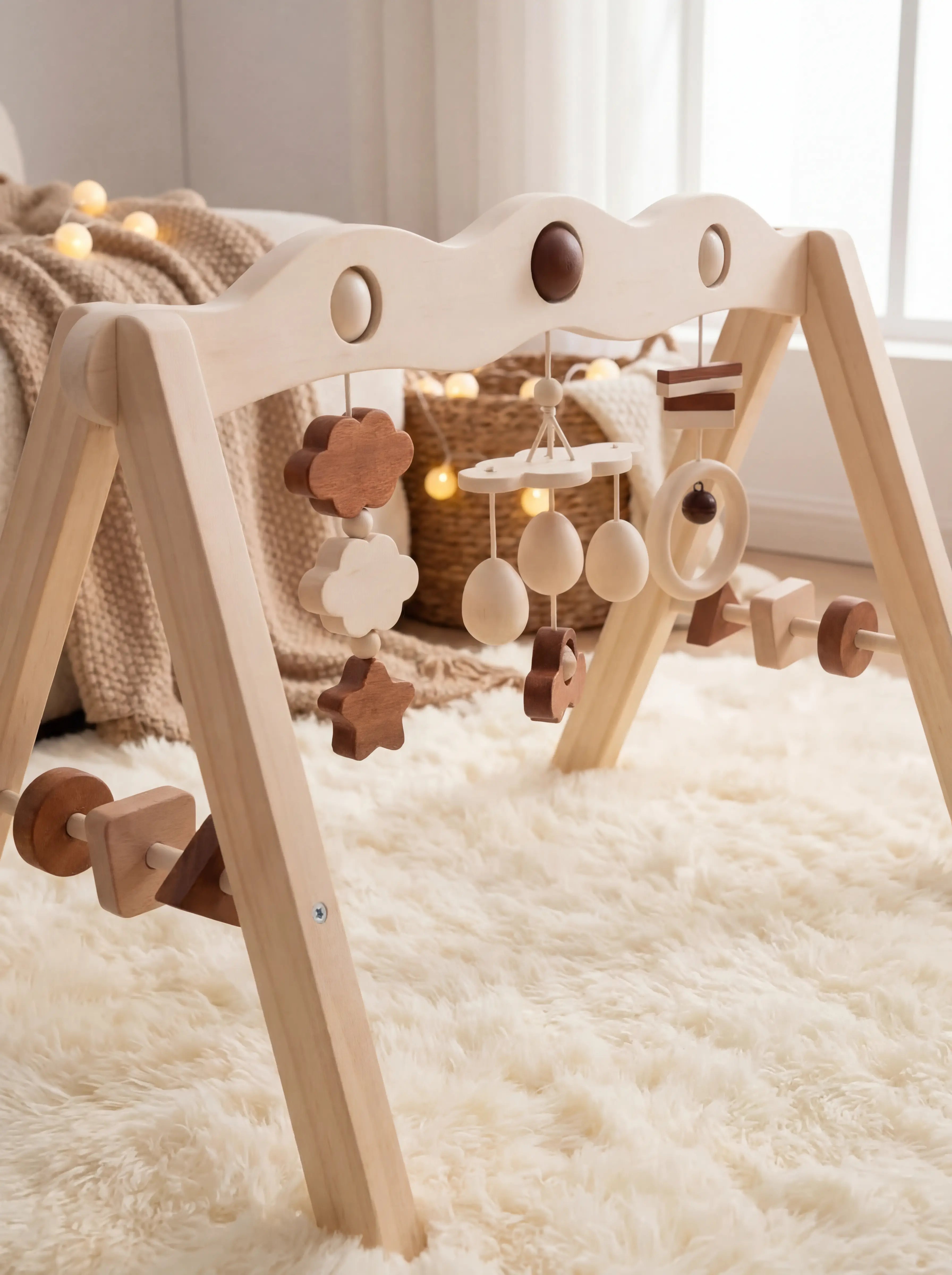Arco de actividades de madera natural – Gimnasio sensorial para bebés y niños pequeños
