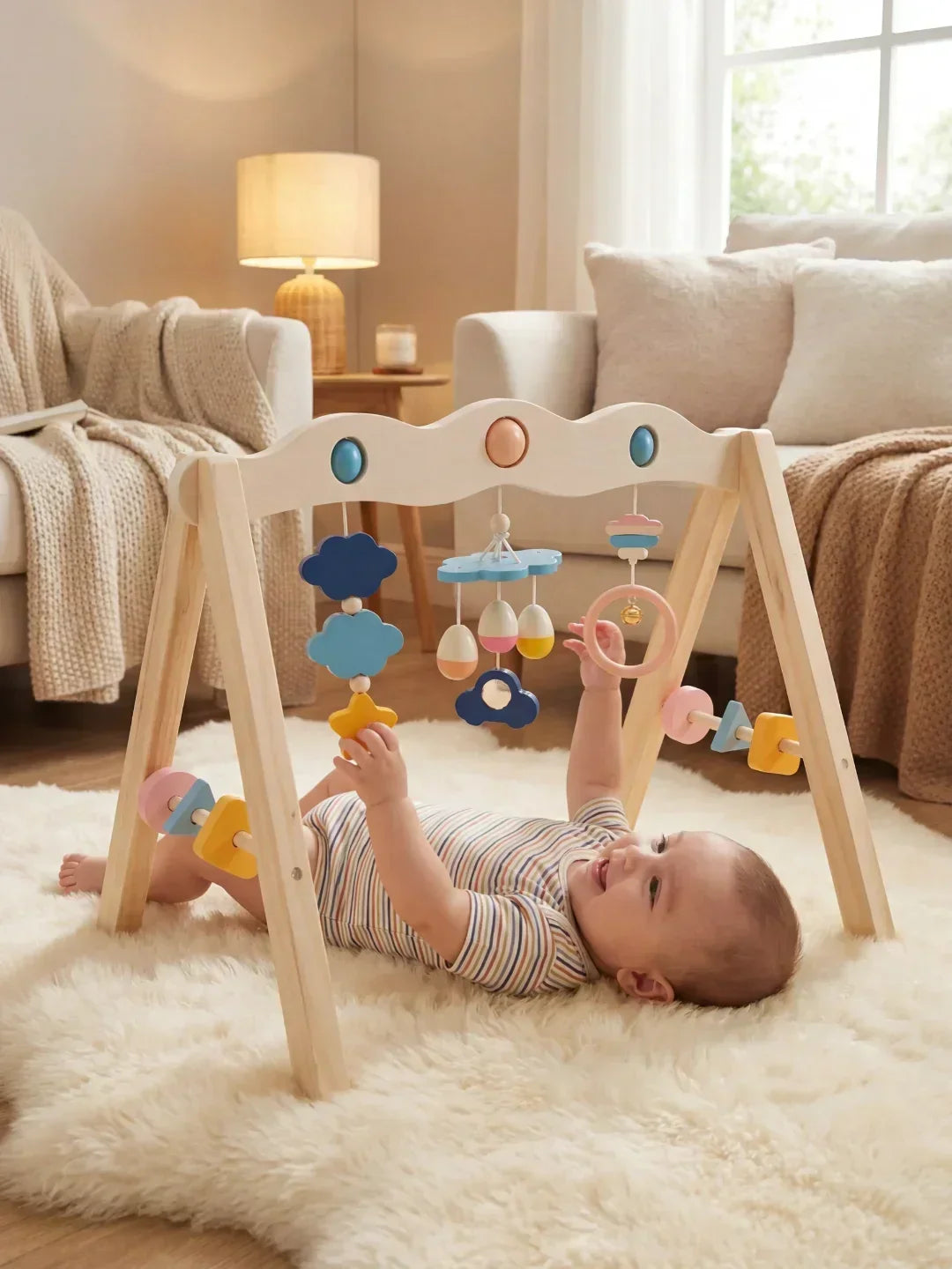 Arco de actividades de madera natural – Gimnasio sensorial para bebés y niños pequeños