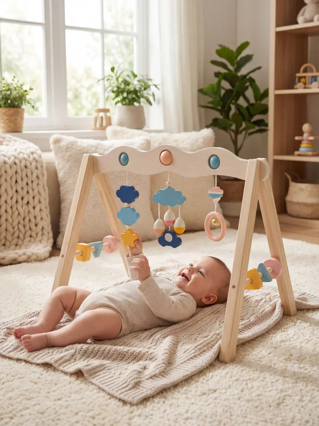 Arco de actividades de madera natural – Gimnasio sensorial para bebés y niños pequeños
