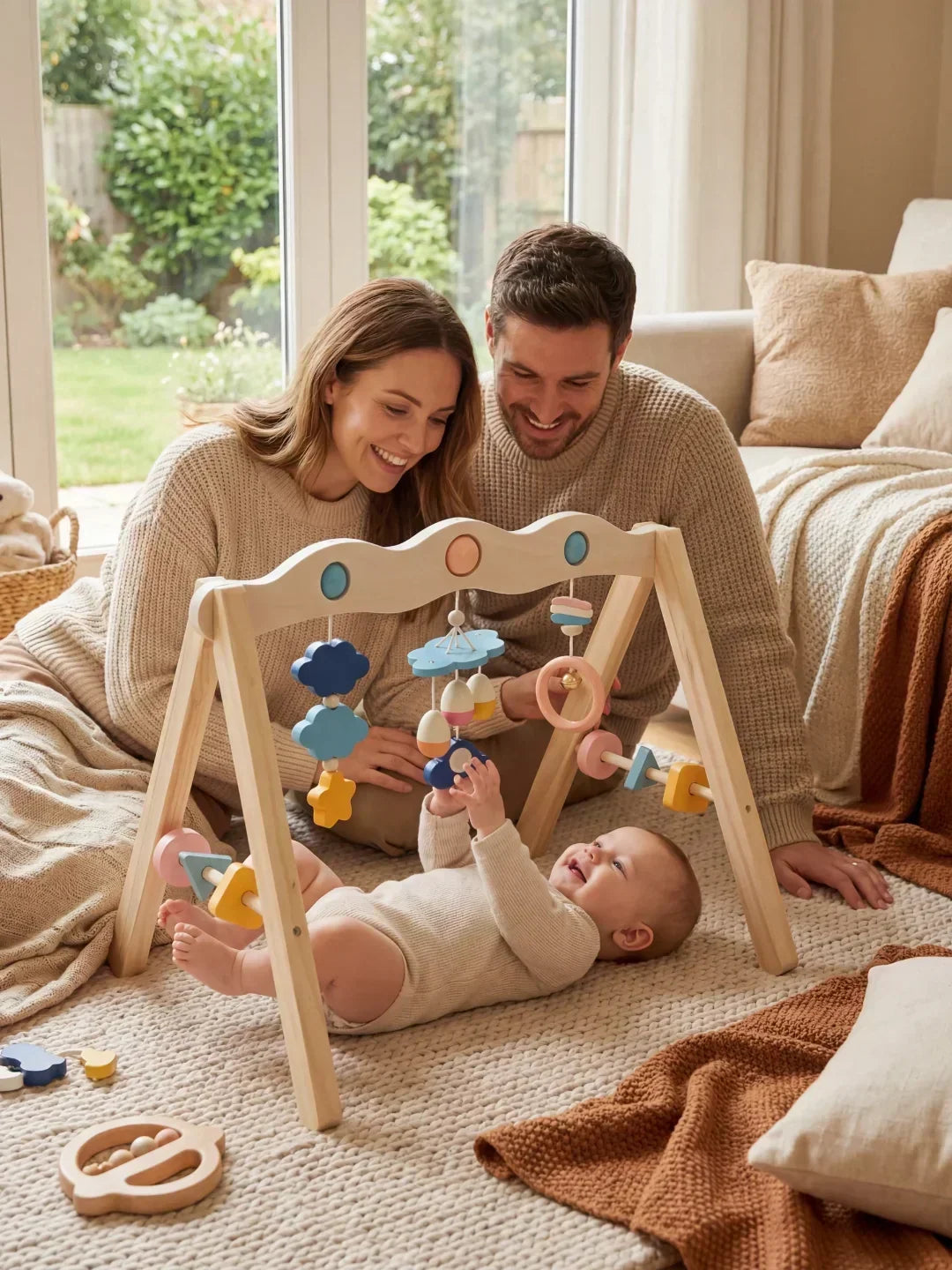 Arco de actividades de madera natural – Gimnasio sensorial para bebés y niños pequeños