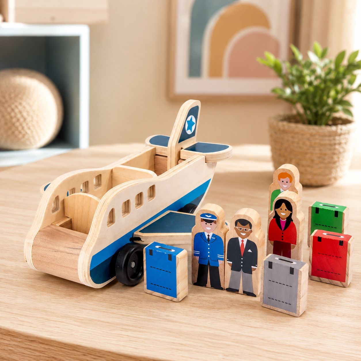 Avión de madera Montessori para empujar y arrastrar