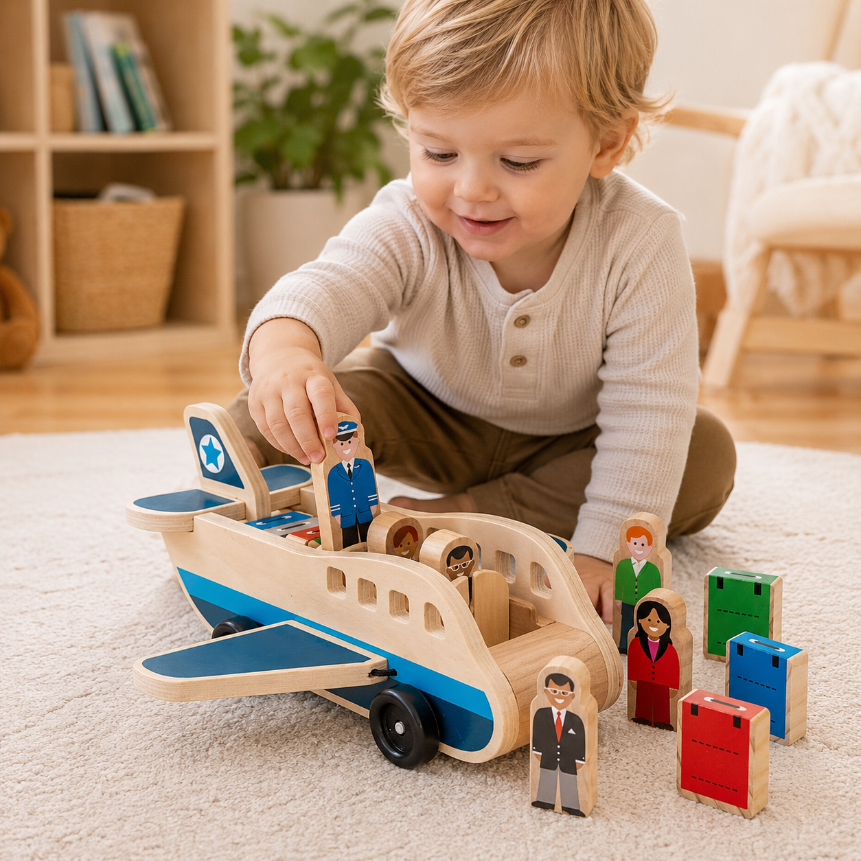 Avión de madera Montessori para empujar y arrastrar
