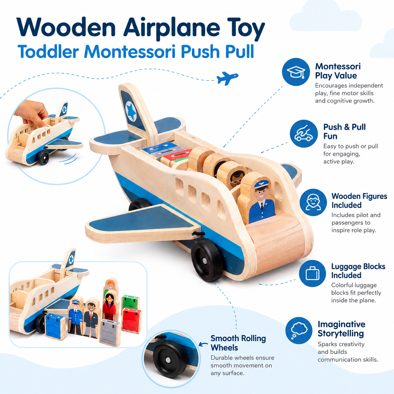 Avión de madera Montessori para empujar y arrastrar