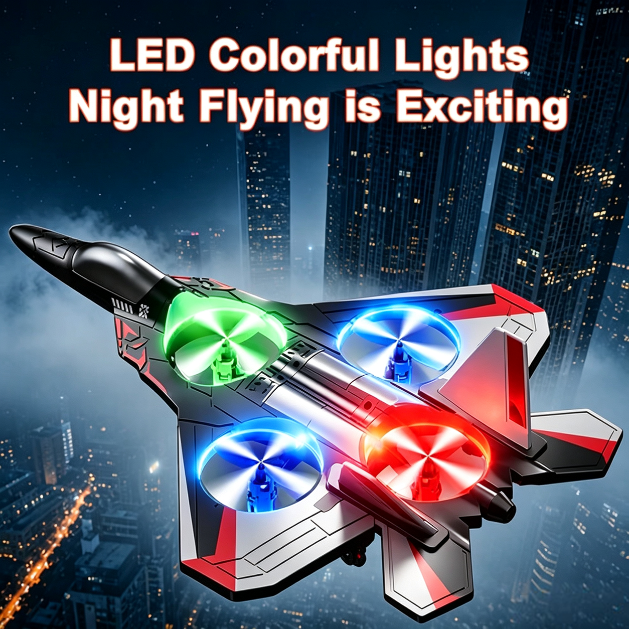 Avión teledirigido con giros 360° y luces LED resistente a golpes JetGlow