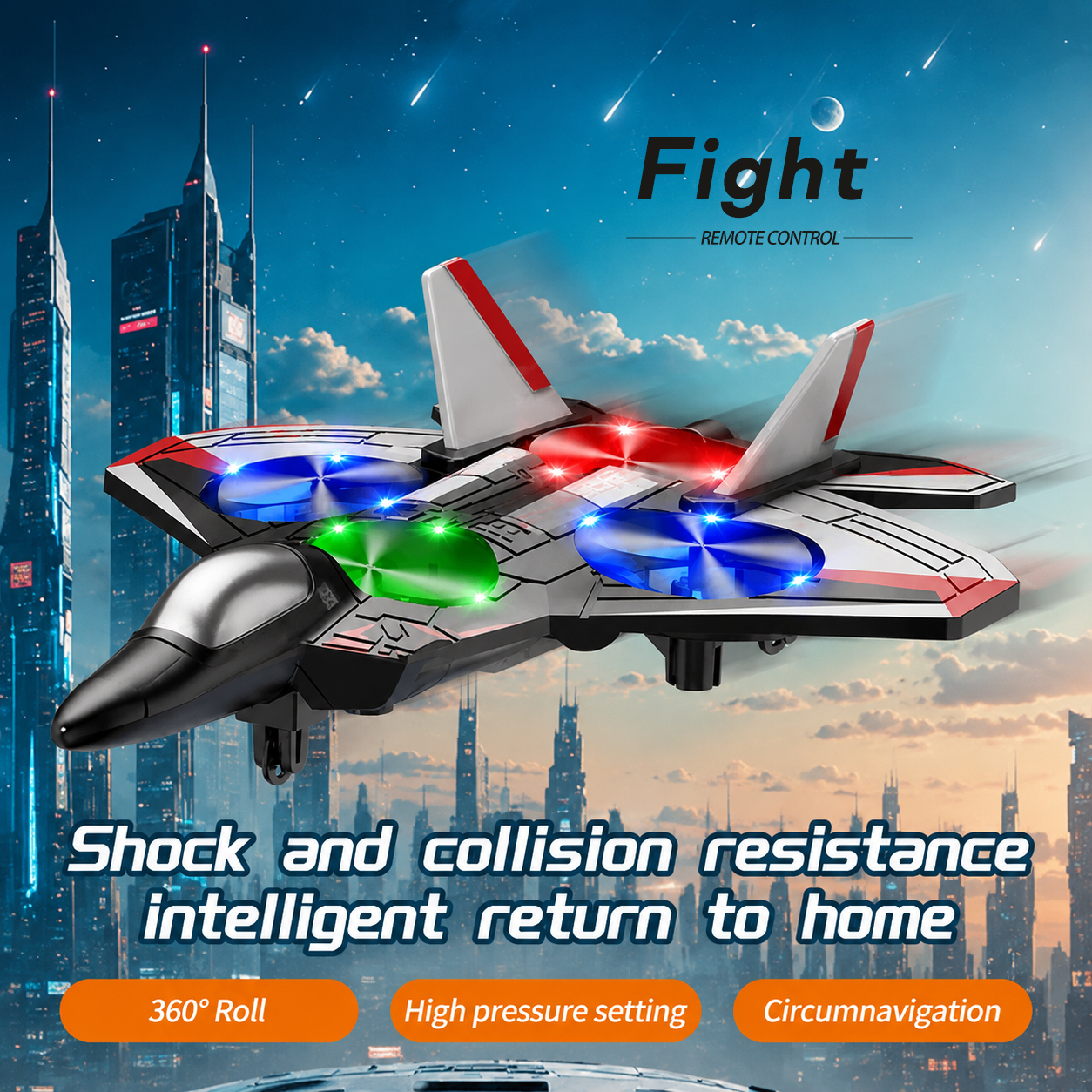 Avión teledirigido con giros 360° y luces LED resistente a golpes JetGlow