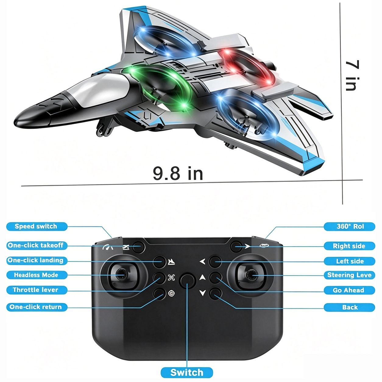 Avión teledirigido con giros 360° y luces LED resistente a golpes JetGlow