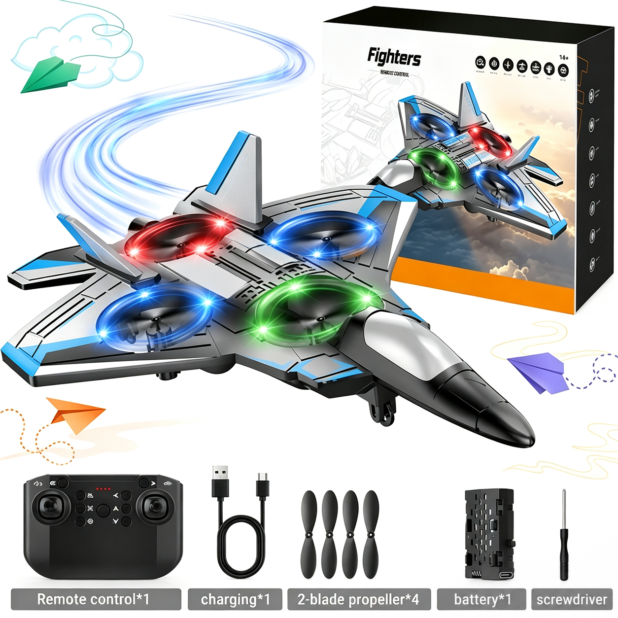 Avión teledirigido con giros 360° y luces LED resistente a golpes JetGlow