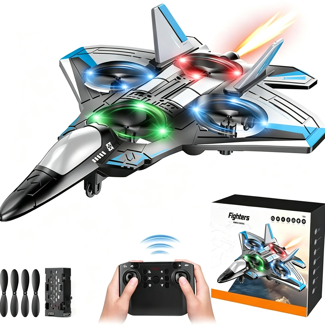 Avión teledirigido con giros 360° y luces LED resistente a golpes JetGlow