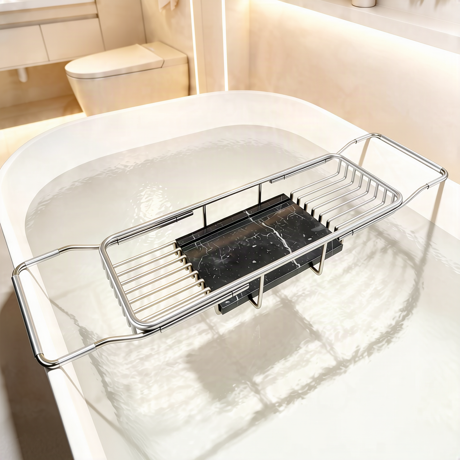 Bandeja extensible de acero inoxidable para bañera