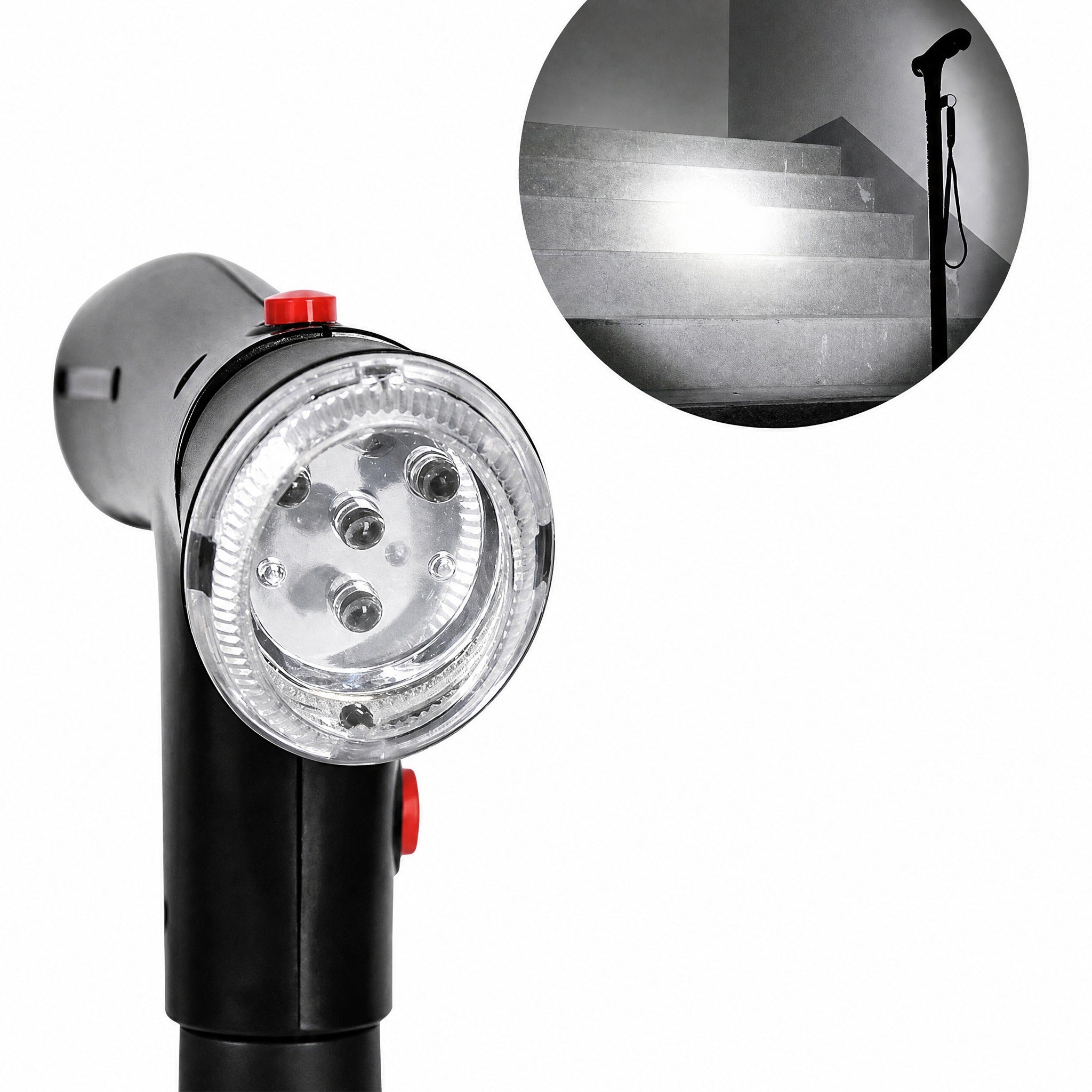 Bastón plegable con doble empuñadura, alarma y linterna integrada