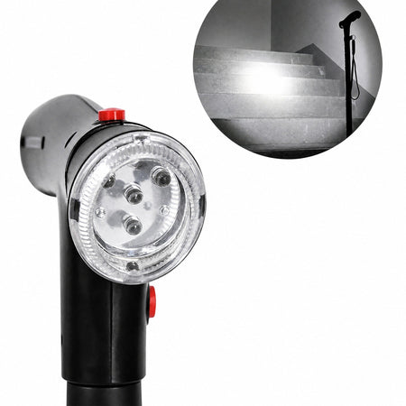 Bastón plegable con doble empuñadura, alarma y linterna integrada