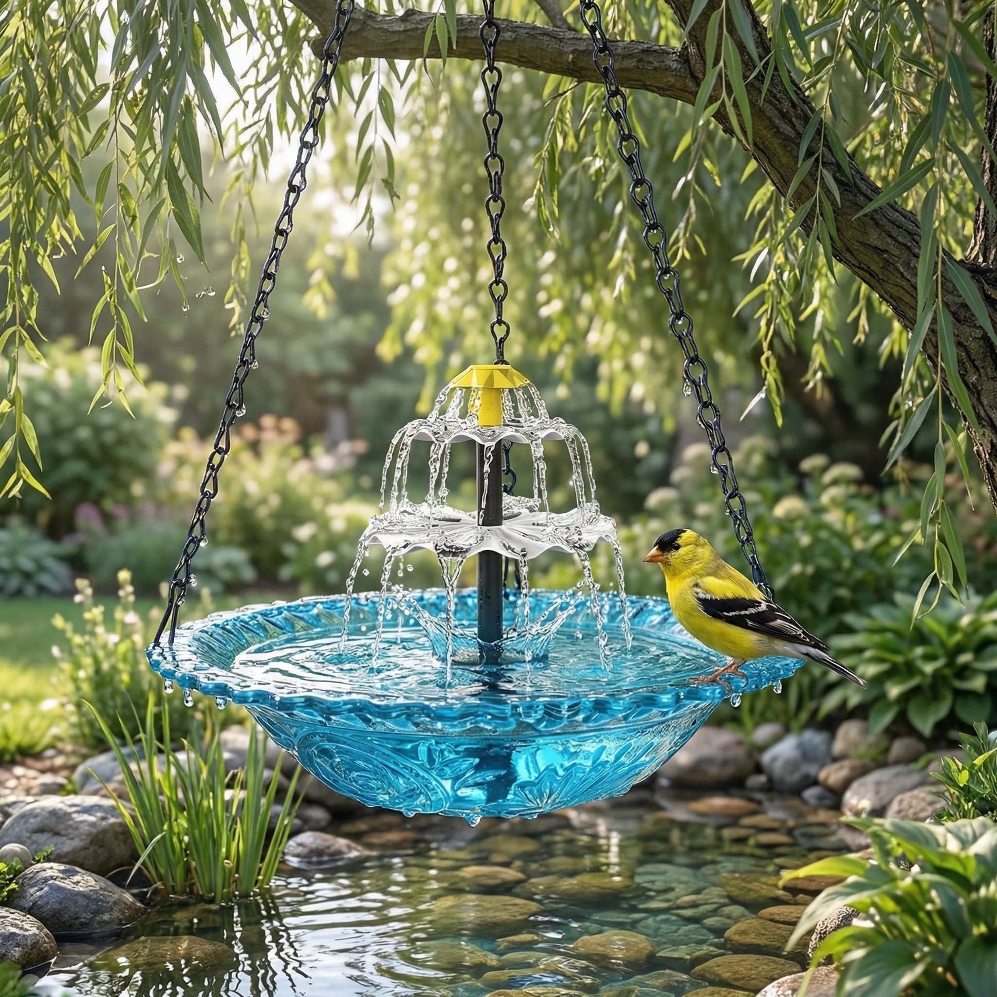 Bebedero colgante para pájaros con fuente solar de dos niveles y cuenco de cristal