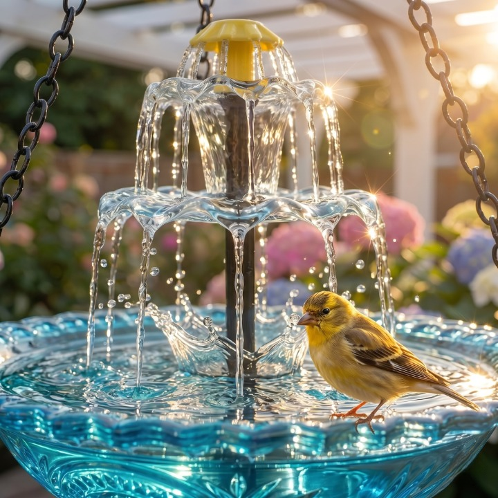 Bebedero colgante para pájaros con fuente solar de dos niveles y cuenco de cristal