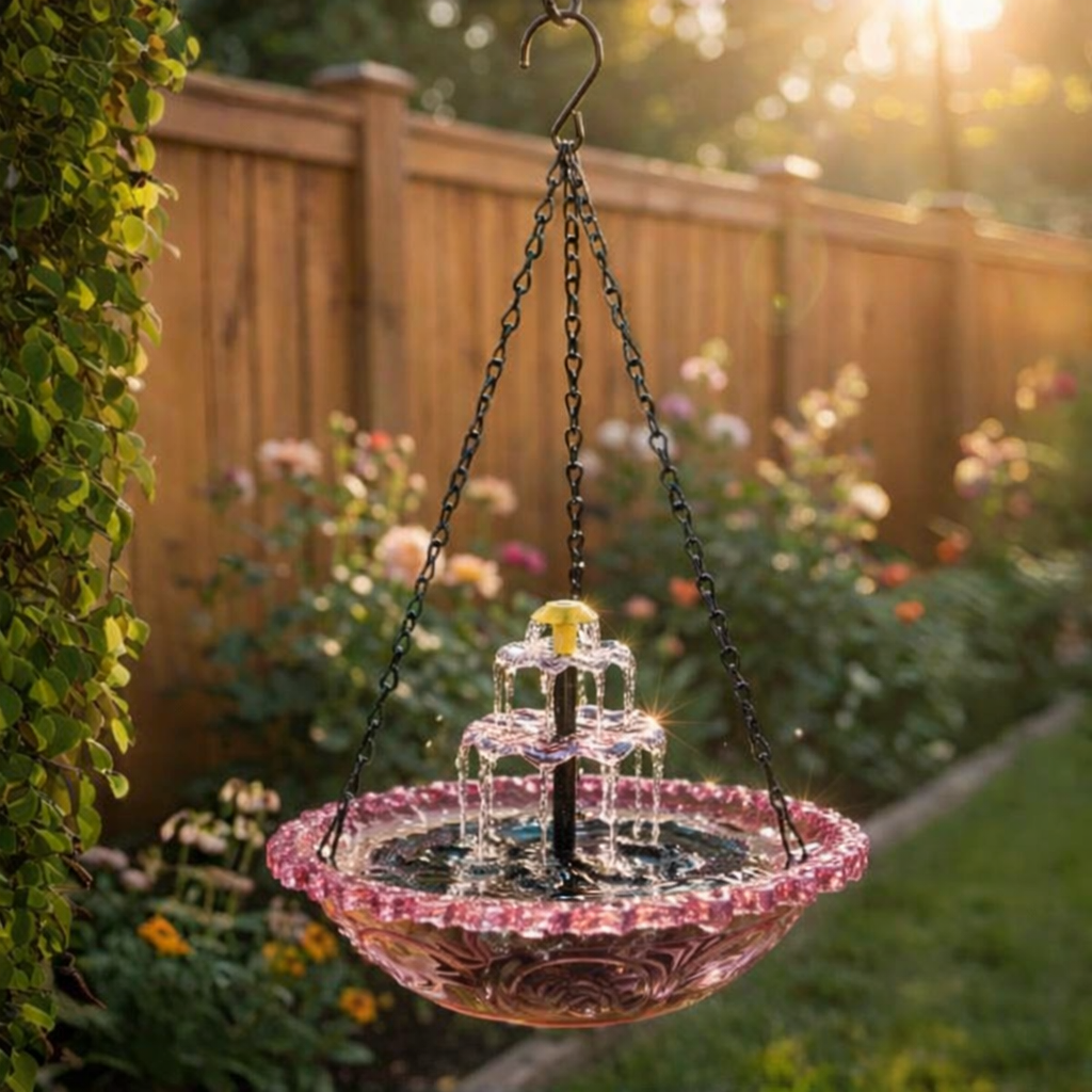 Bebedero colgante para pájaros con fuente solar de dos niveles y cuenco de cristal