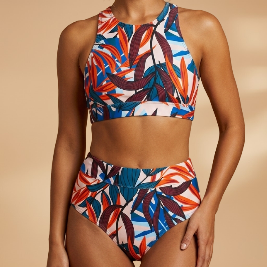 Bikini de mujer de talle alto y cuello alto con estampado tropical