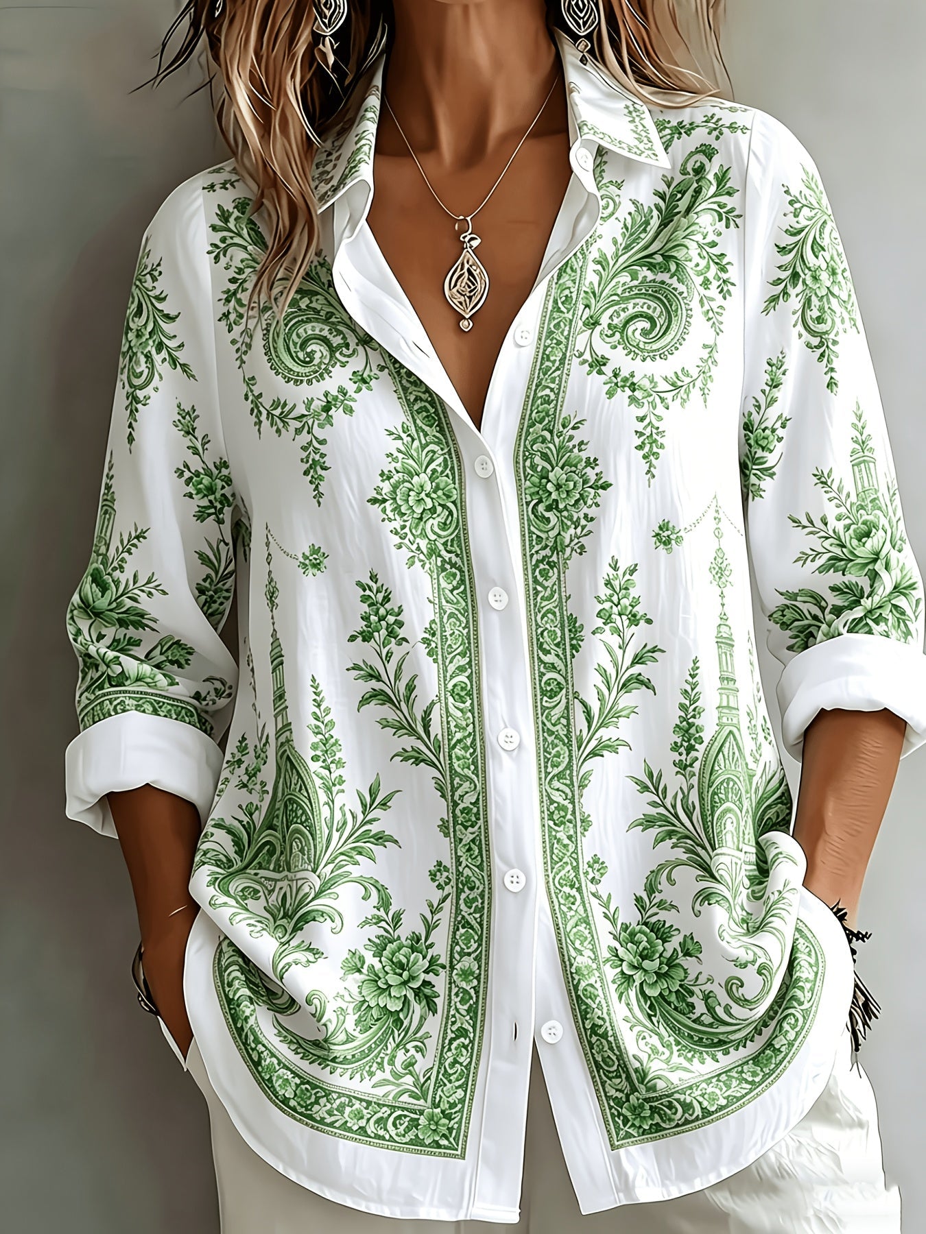 Blusa oversize de manga larga con estampado floral paisley para mujer