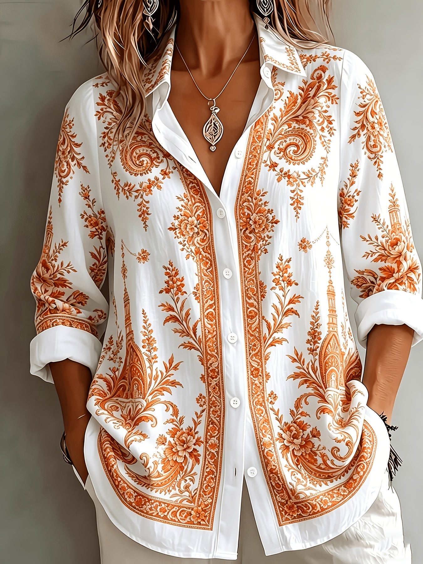 Blusa oversize de manga larga con estampado floral paisley para mujer