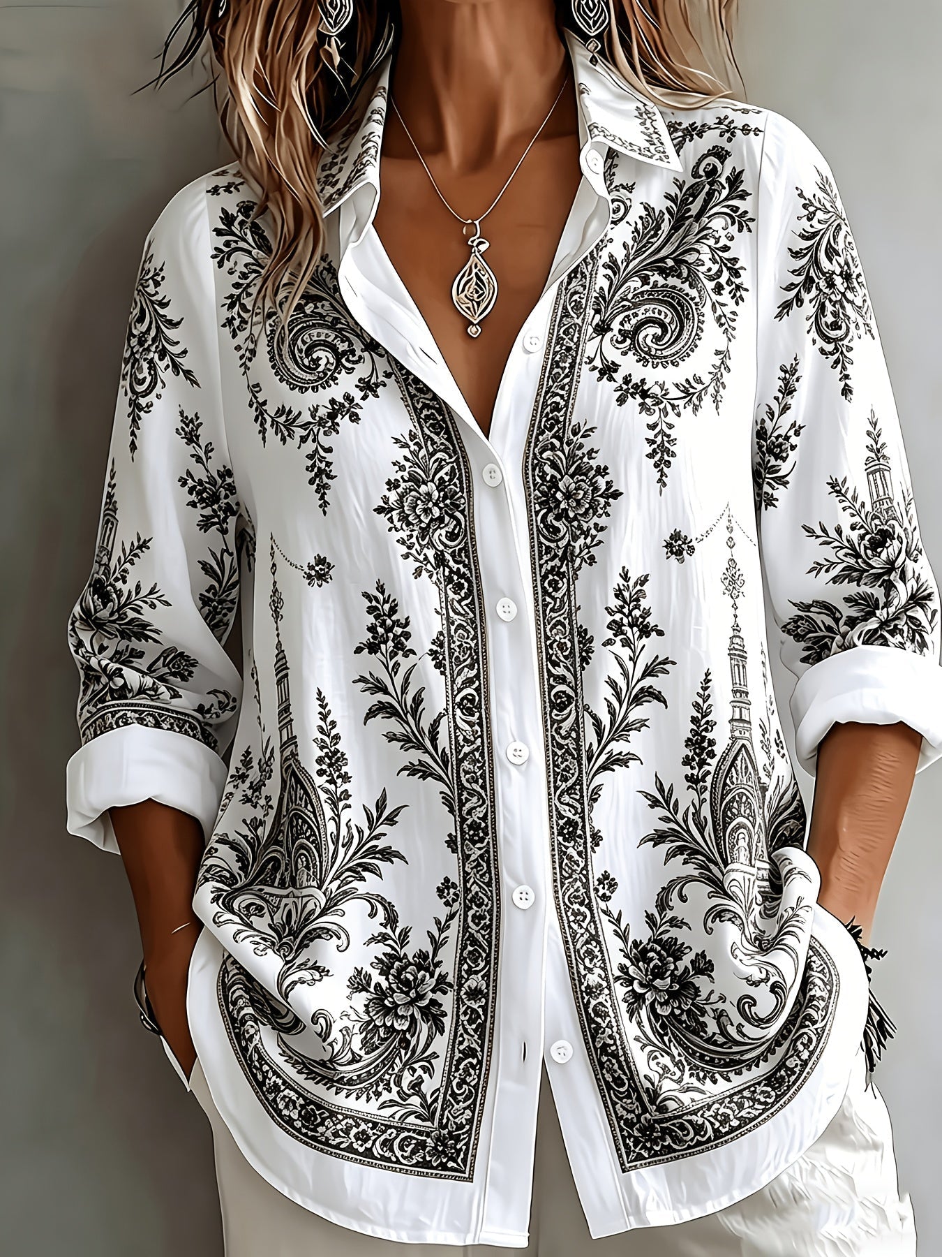 Blusa oversize de manga larga con estampado floral paisley para mujer