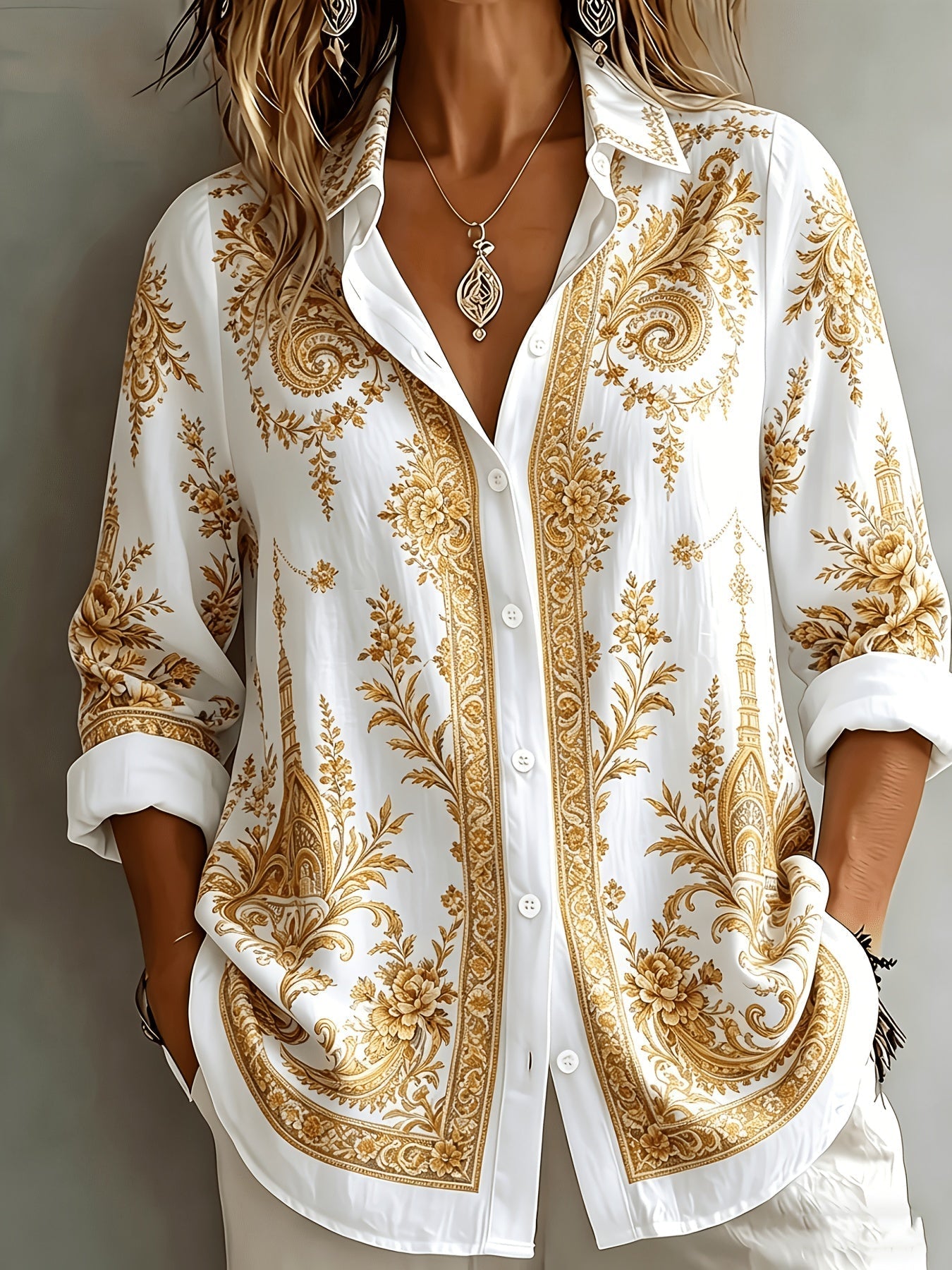 Blusa oversize de manga larga con estampado floral paisley para mujer