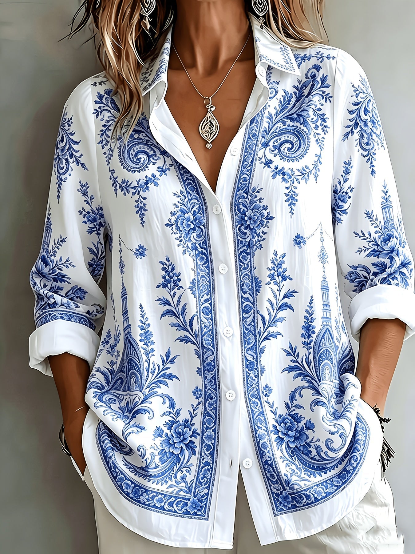 Blusa oversize de manga larga con estampado floral paisley para mujer