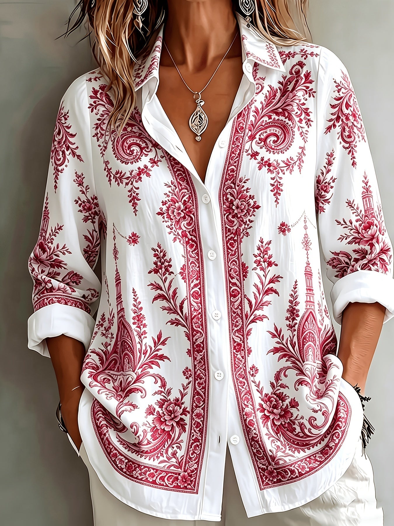 Blusa oversize de manga larga con estampado floral paisley para mujer