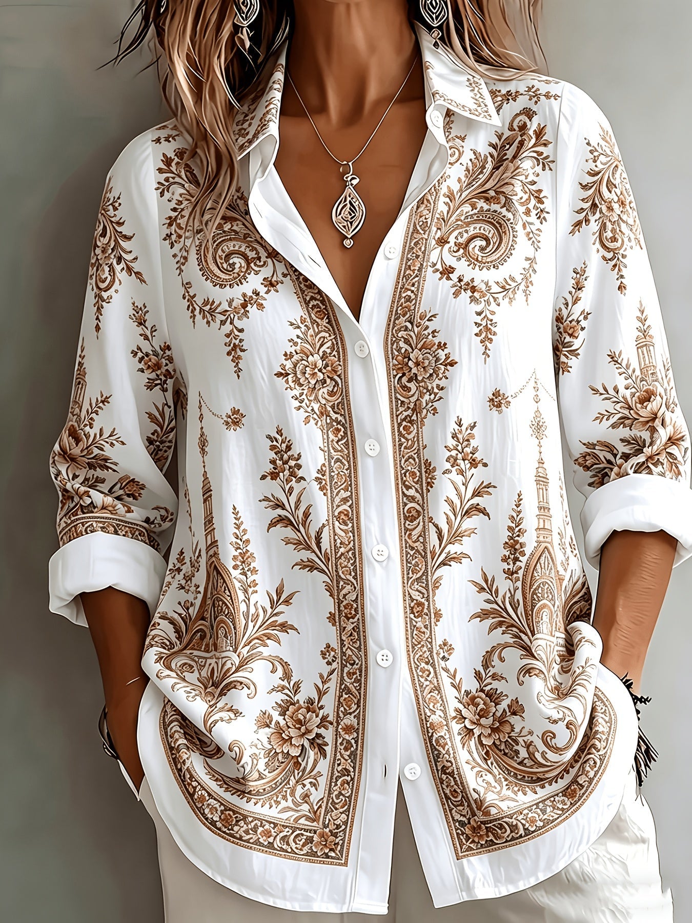 Blusa oversize de manga larga con estampado floral paisley para mujer