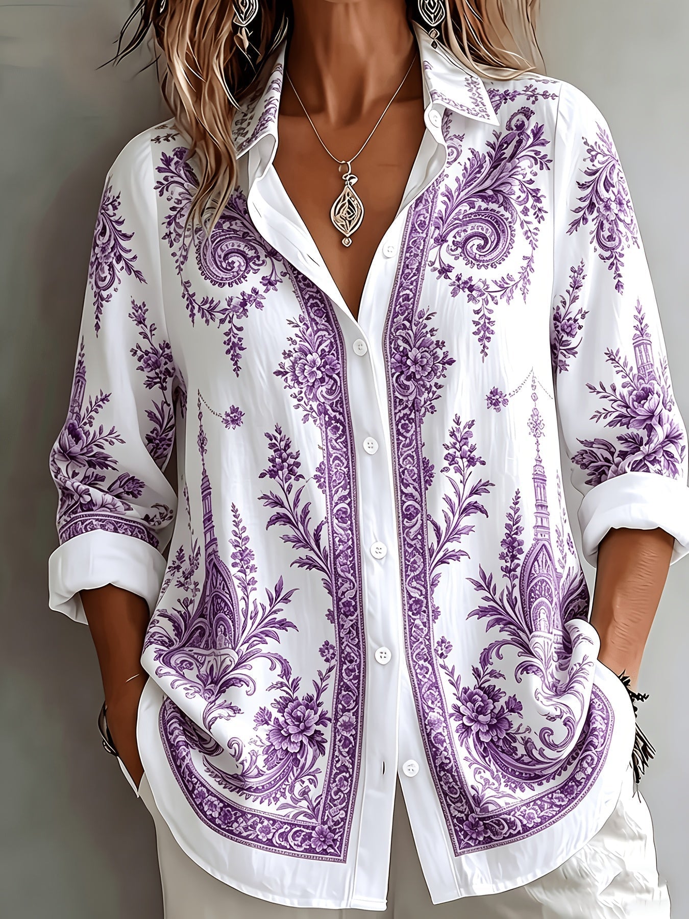 Blusa oversize de manga larga con estampado floral paisley para mujer