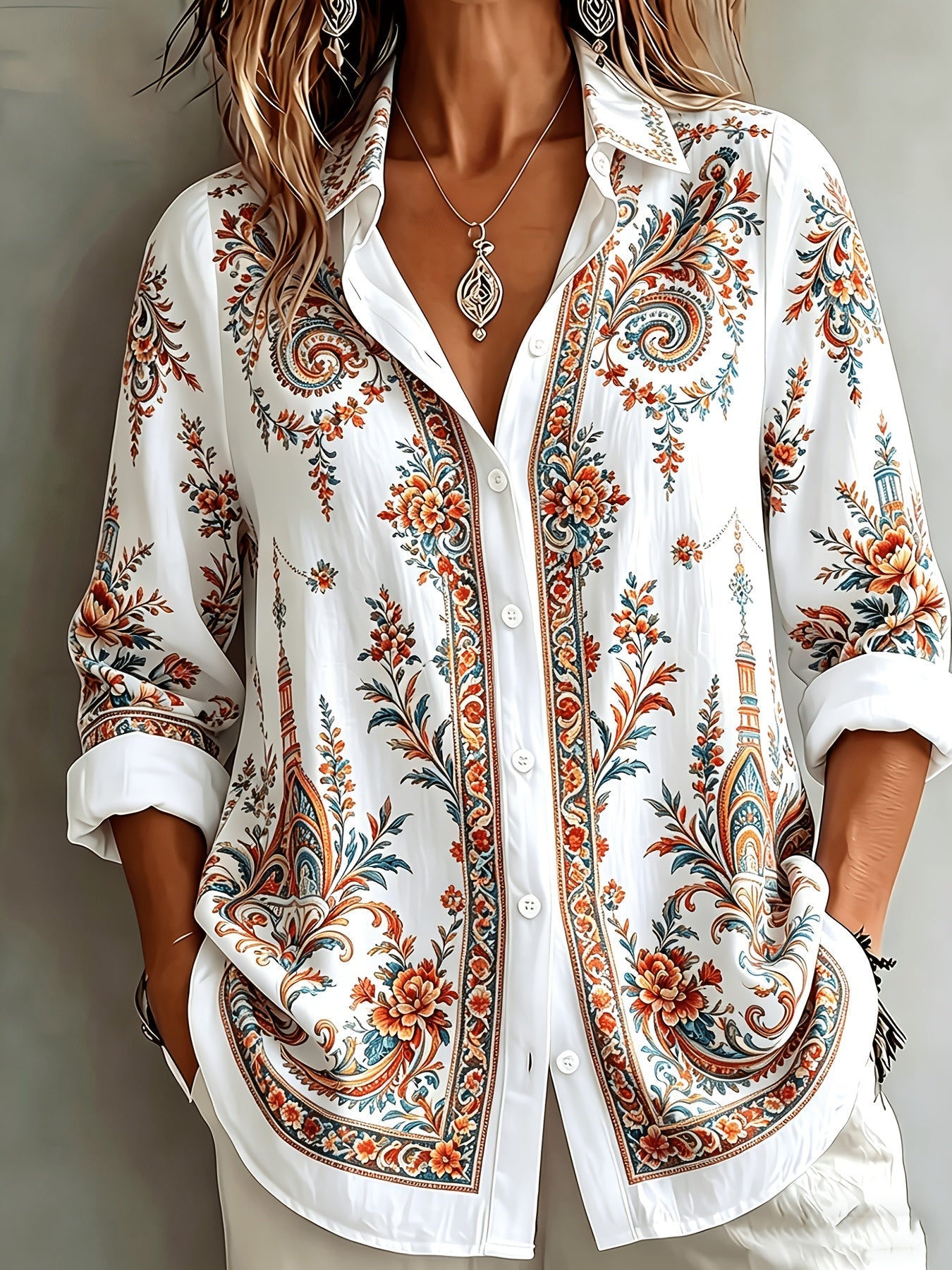 Blusa oversize de manga larga con estampado floral paisley para mujer