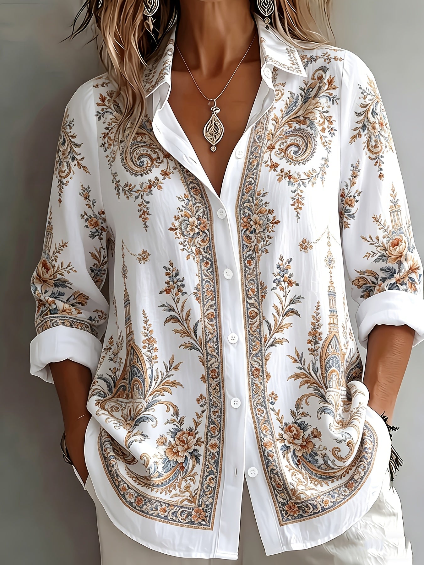 Blusa oversize de manga larga con estampado floral paisley para mujer