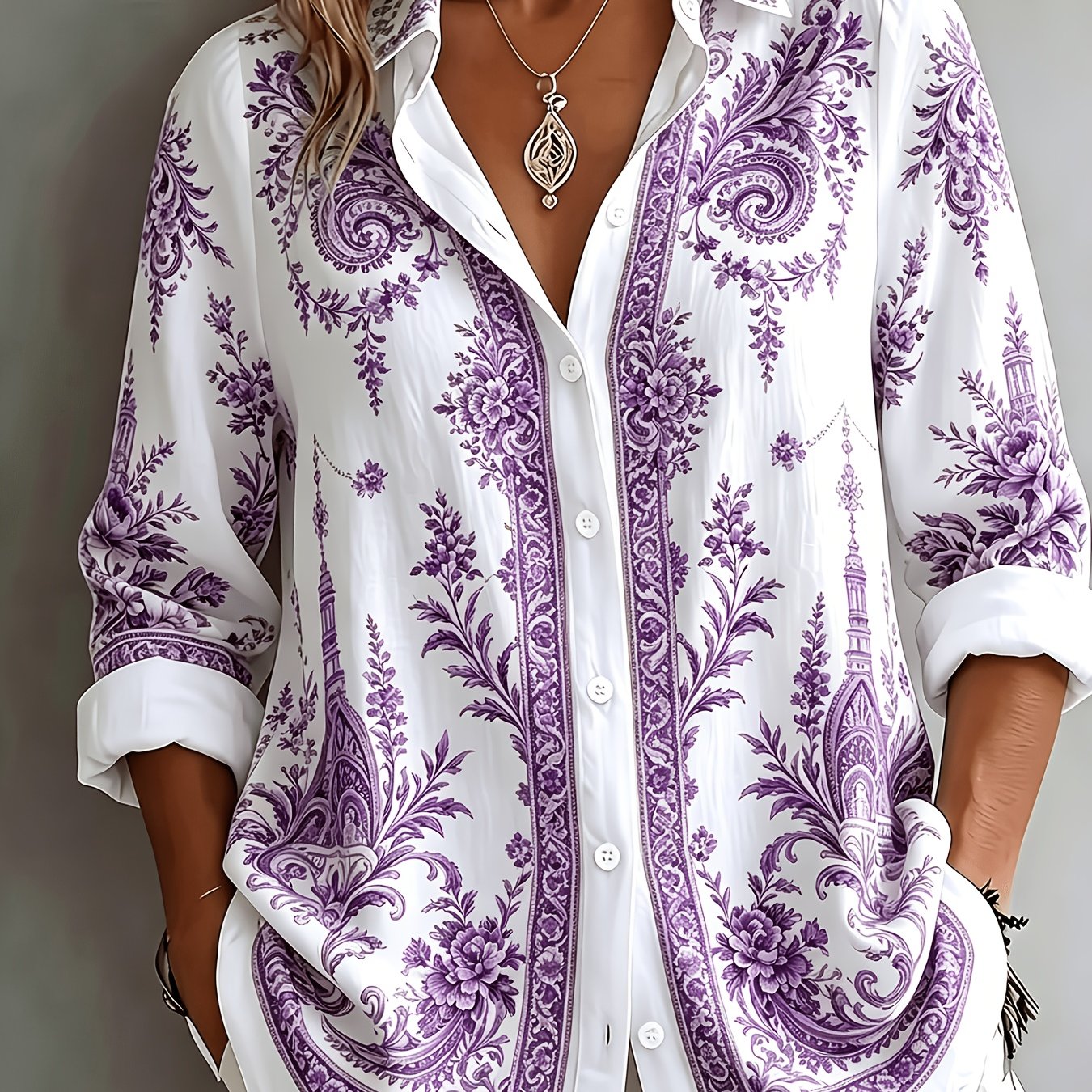 Blusa oversize de manga larga con estampado floral paisley para mujer
