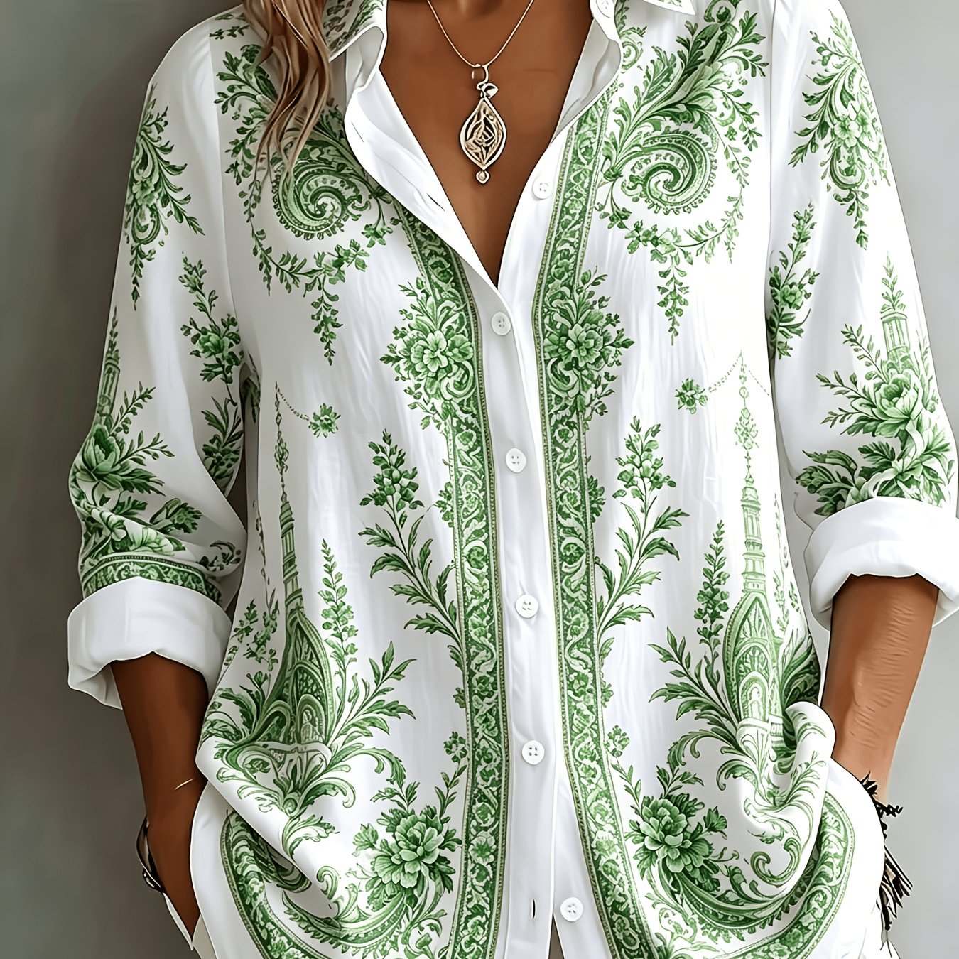 Blusa oversize de manga larga con estampado floral paisley para mujer