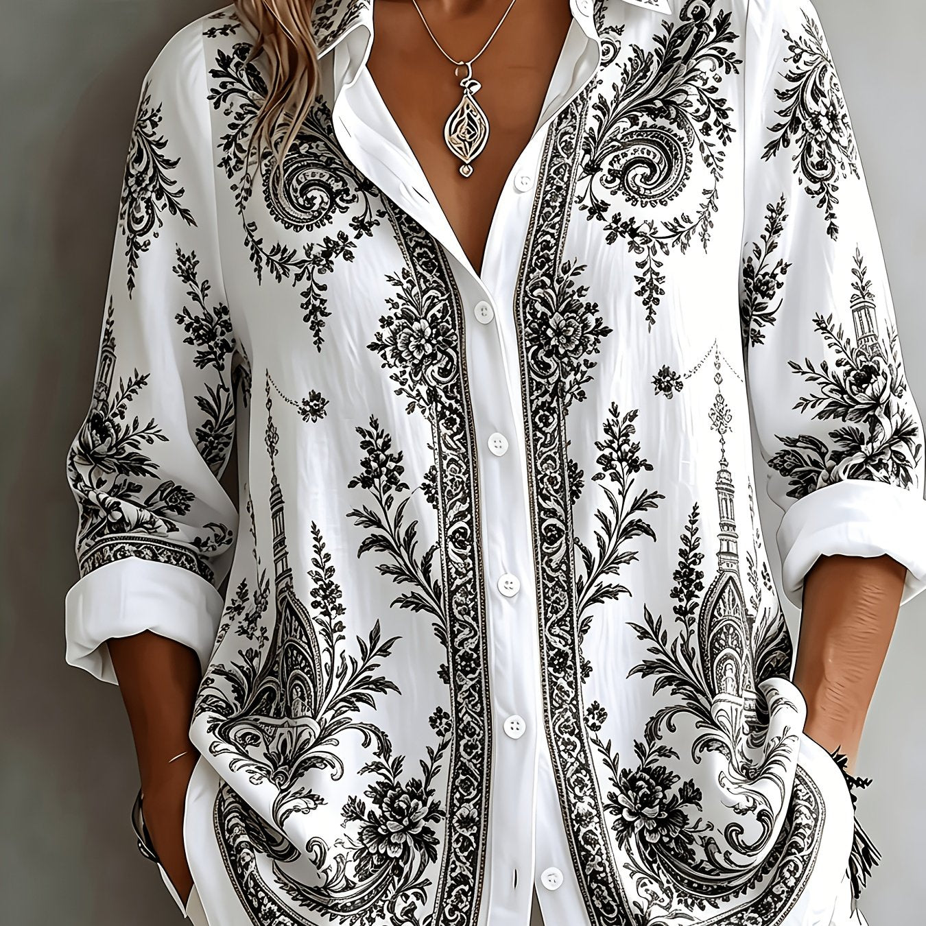 Blusa oversize de manga larga con estampado floral paisley para mujer