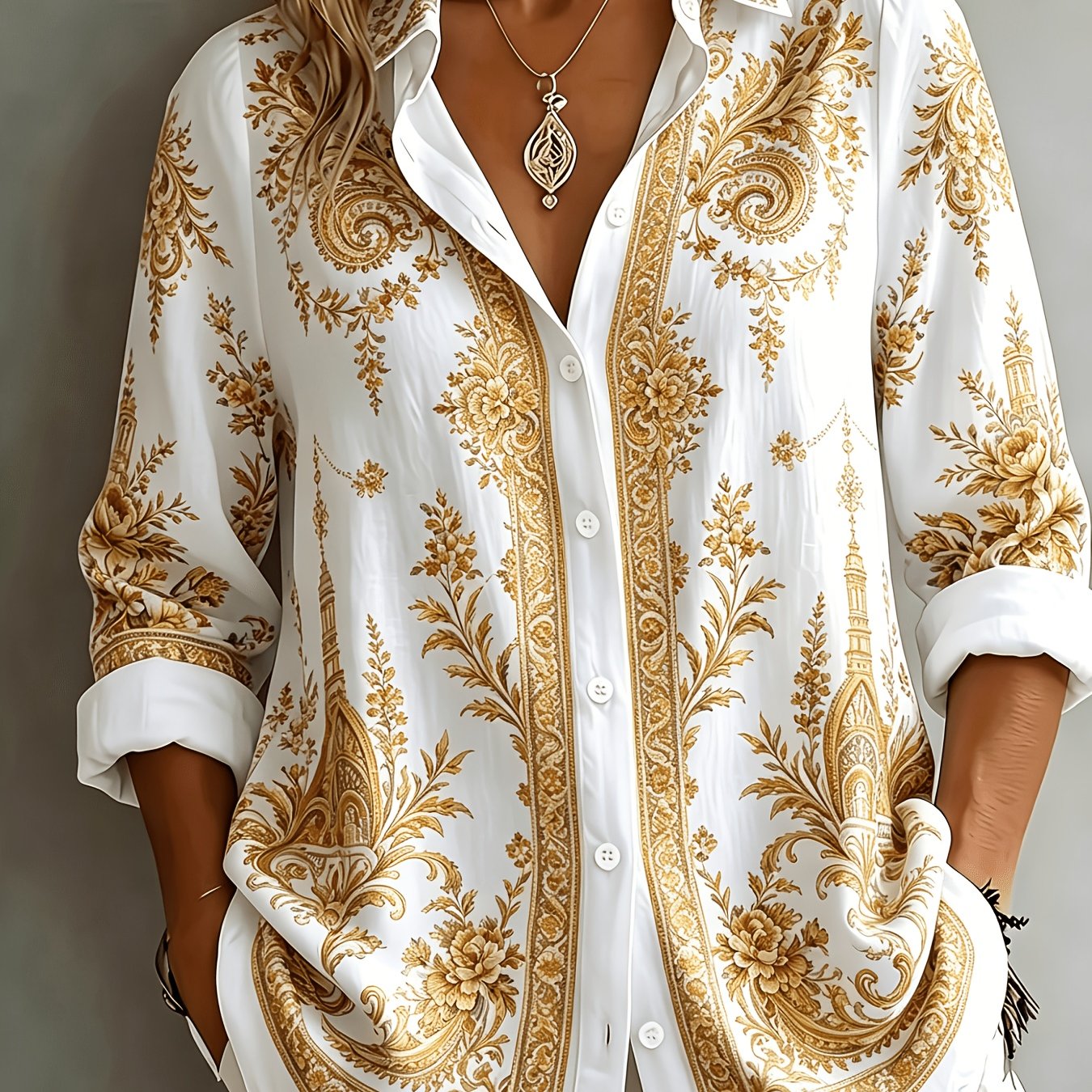 Blusa oversize de manga larga con estampado floral paisley para mujer