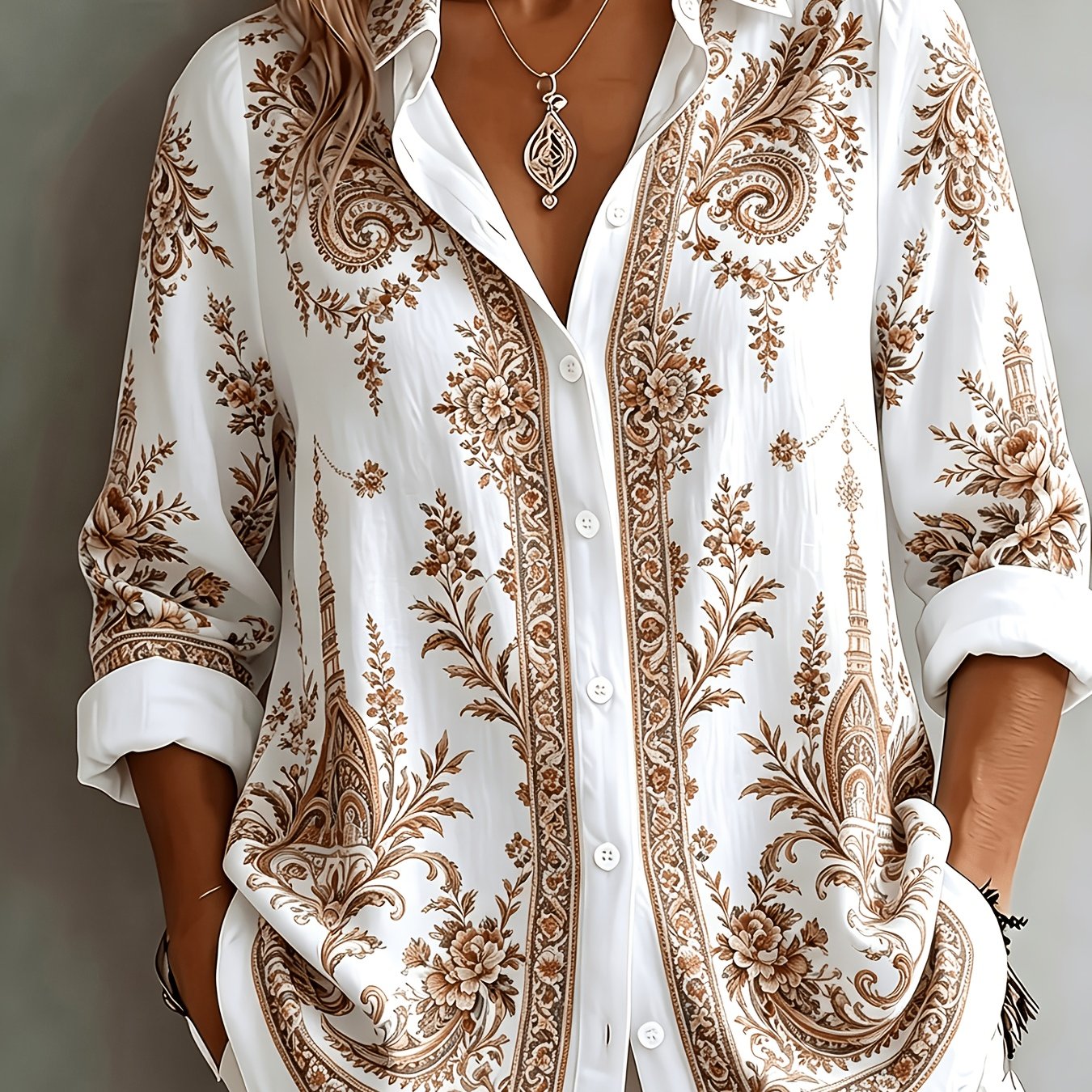 Blusa oversize de manga larga con estampado floral paisley para mujer
