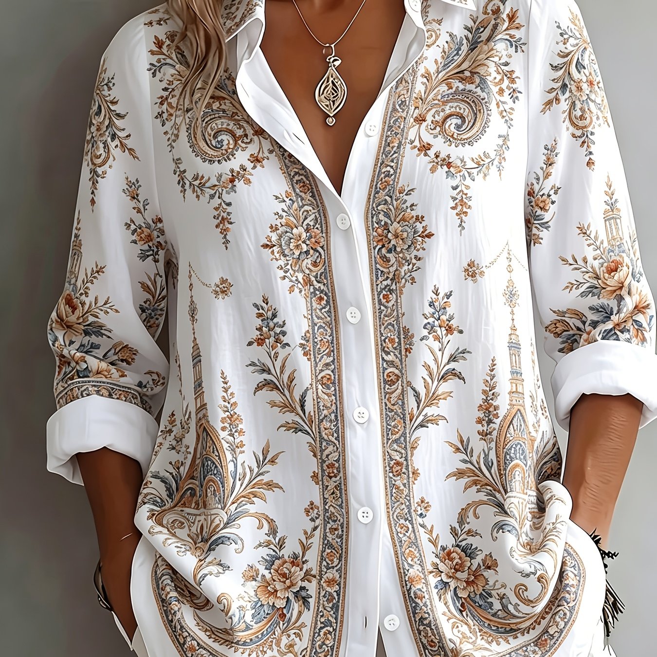 Blusa oversize de manga larga con estampado floral paisley para mujer