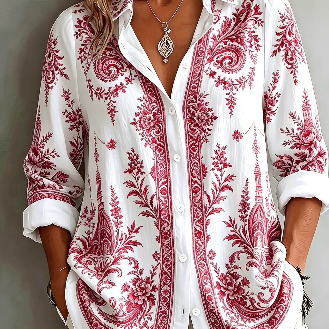 Blusa oversize de manga larga con estampado floral paisley para mujer