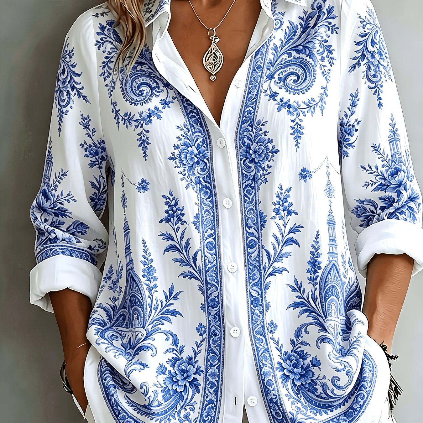 Blusa oversize de manga larga con estampado floral paisley para mujer