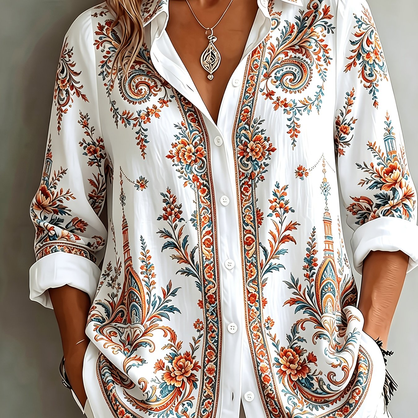 Blusa oversize de manga larga con estampado floral paisley para mujer