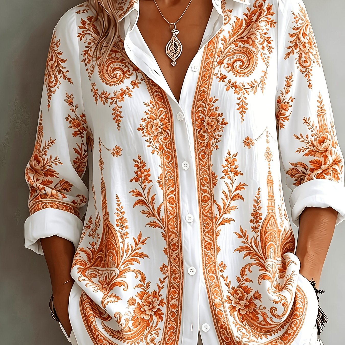 Blusa oversize de manga larga con estampado floral paisley para mujer
