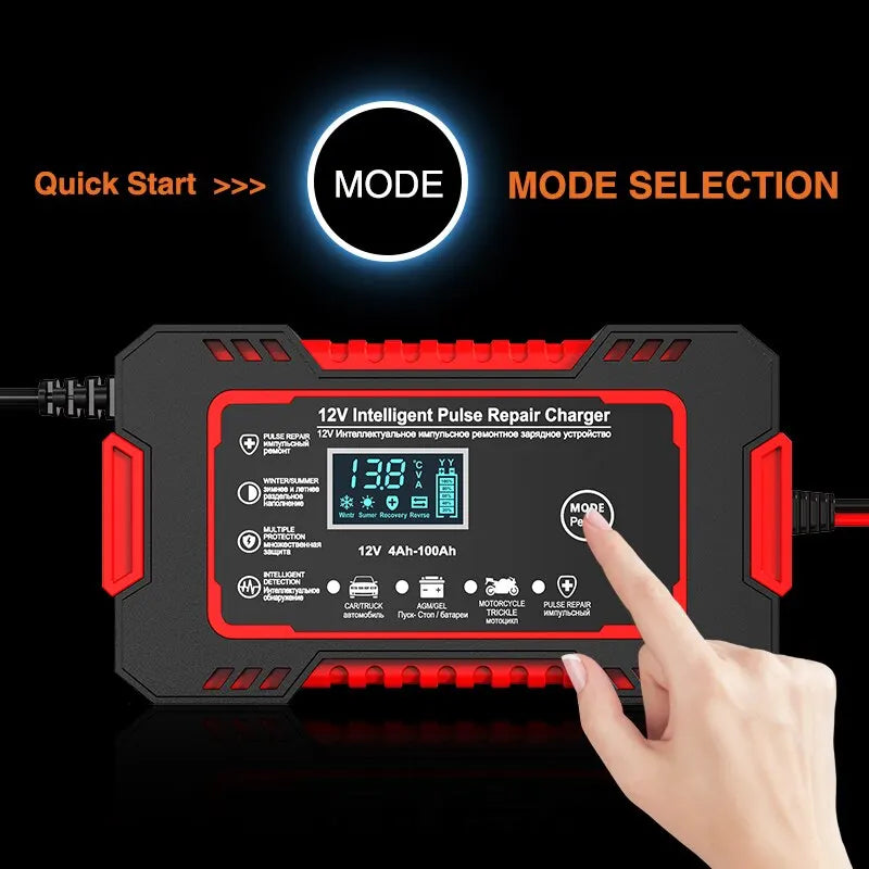 Cargador inteligente 12 V 6 A con reparación por impulsos y pantalla LCD para baterías de coche y moto