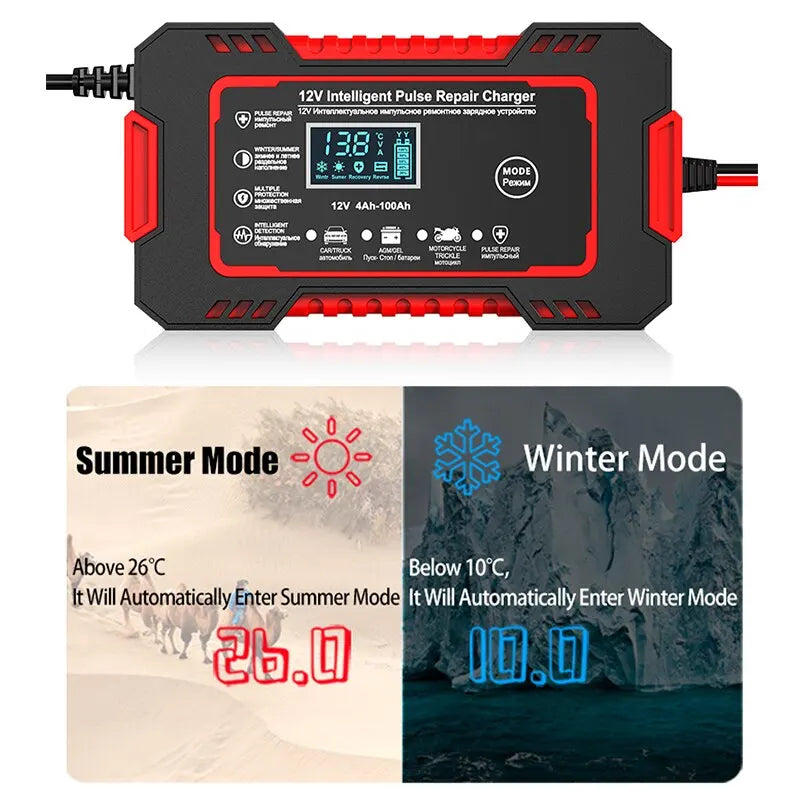 Cargador inteligente 12 V 6 A con reparación por impulsos y pantalla LCD para baterías de coche y moto