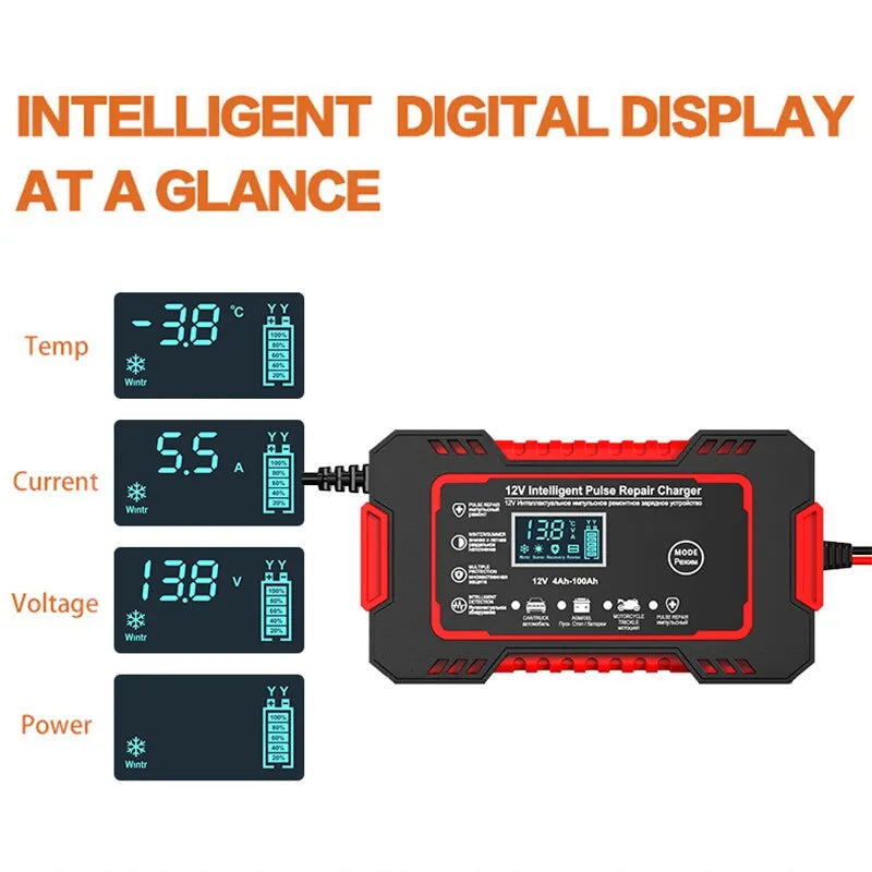 Cargador inteligente 12 V 6 A con reparación por impulsos y pantalla LCD para baterías de coche y moto