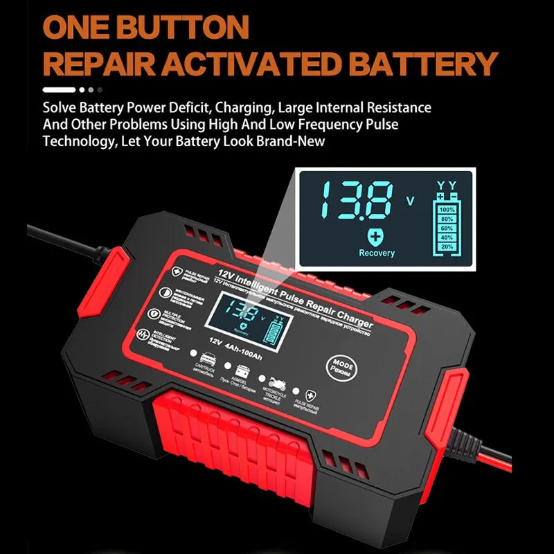 Cargador inteligente 12 V 6 A con reparación por impulsos y pantalla LCD para baterías de coche y moto