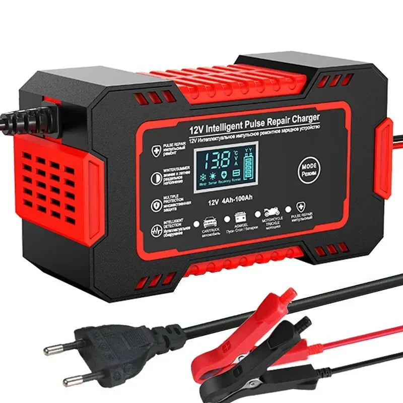 Cargador inteligente 12 V 6 A con reparación por impulsos y pantalla LCD para baterías de coche y moto