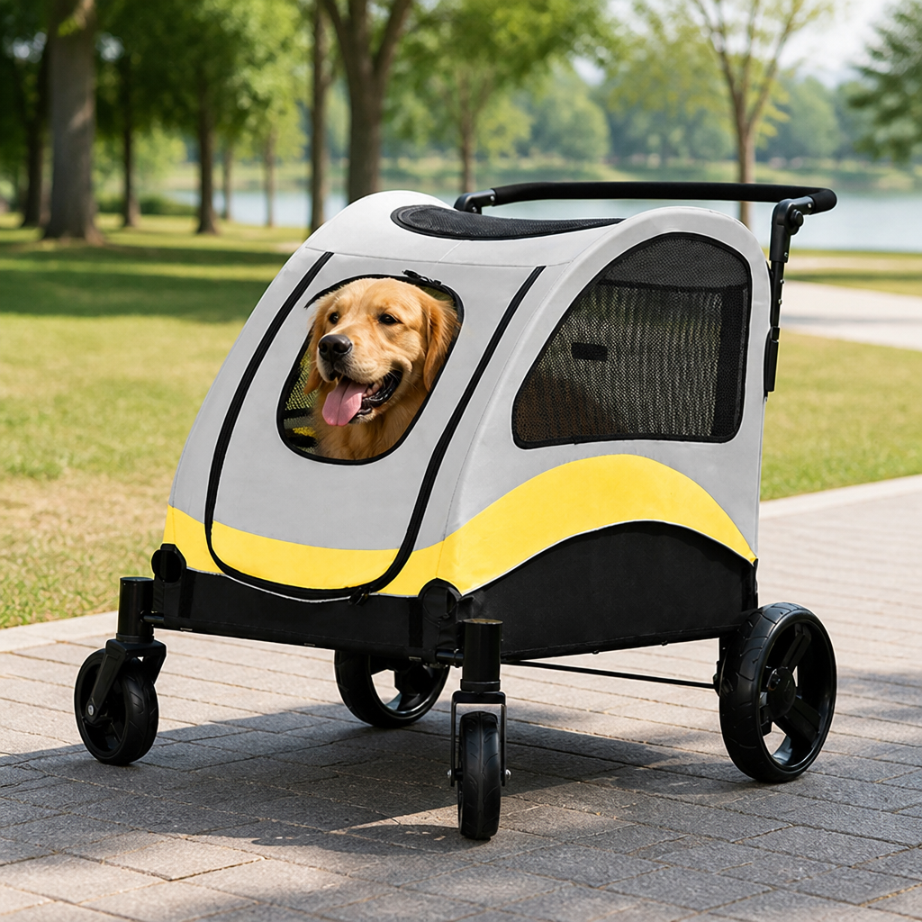 Carrito plegable de 4 ruedas con malla transpirable para mascotas