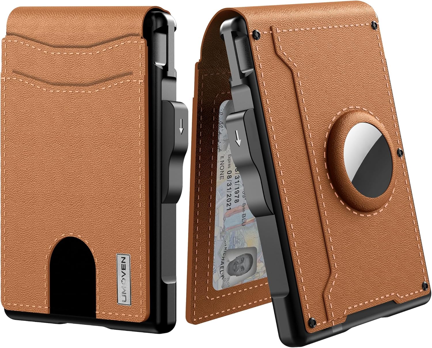 Cartera para hombre con compartimento para AirTag, carcasa de aluminio pop-up, pinza para billetes, ranuras de piel slim