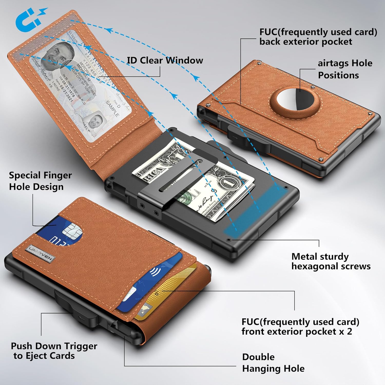 Cartera para hombre con compartimento para AirTag, carcasa de aluminio pop-up, pinza para billetes, ranuras de piel slim