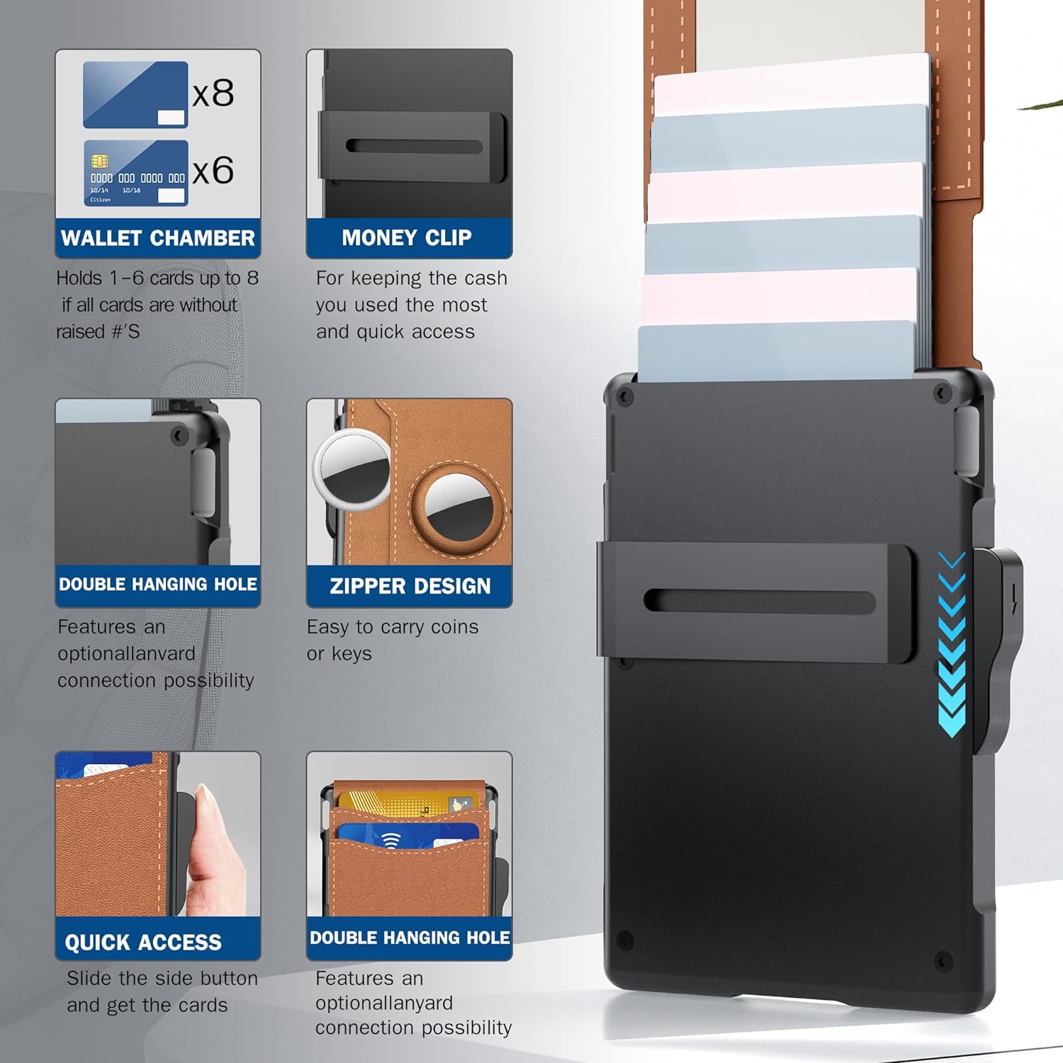 Cartera para hombre con compartimento para AirTag, carcasa de aluminio pop-up, pinza para billetes, ranuras de piel slim